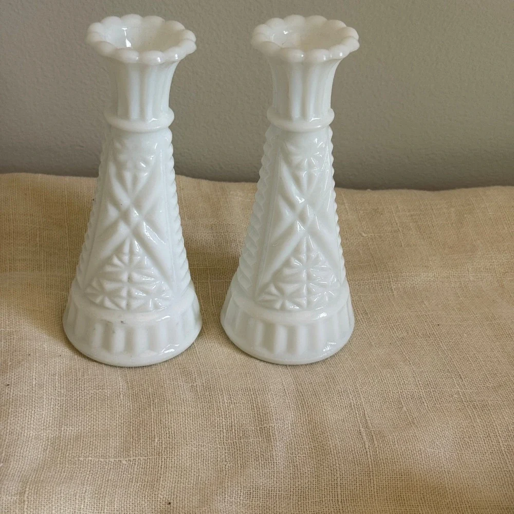 Vintage White Milk Glass Bud Vases Scalloped Rim Diamond Pattern Set of 2 MCM